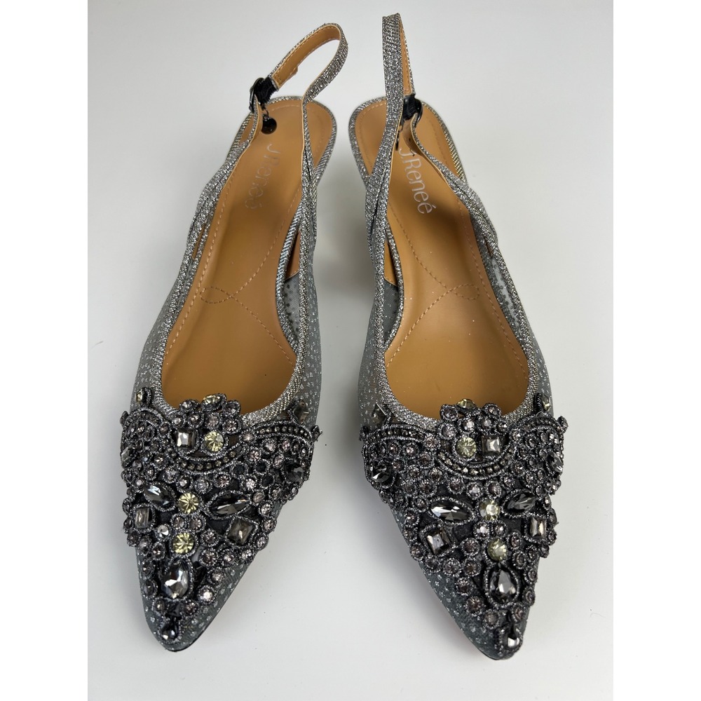 J Renee Strovanni 12M Silver Glitter Rhinestone Slingback Evening Cocktail Pumps